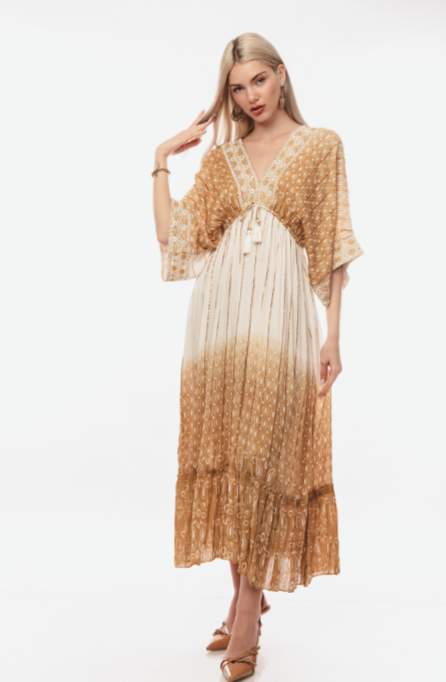 Φόρεμα boho κίτρινο με τρέσα στο V