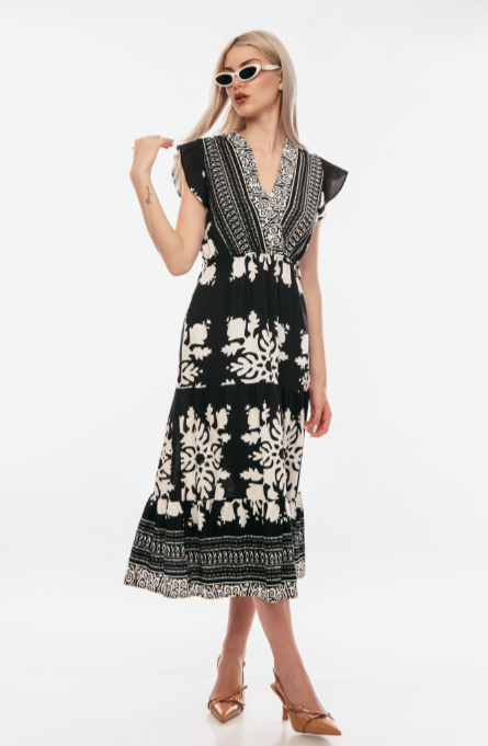 Φόρεμα τυπωμένο ασπρόμαυρο boho κρουαζέ